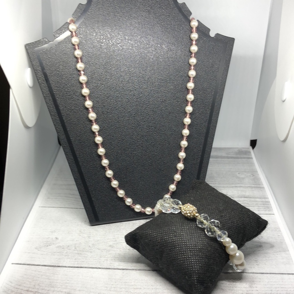 Bundle faux pearl jewelry set sterling silver 925 clasp necklace & bracelet.